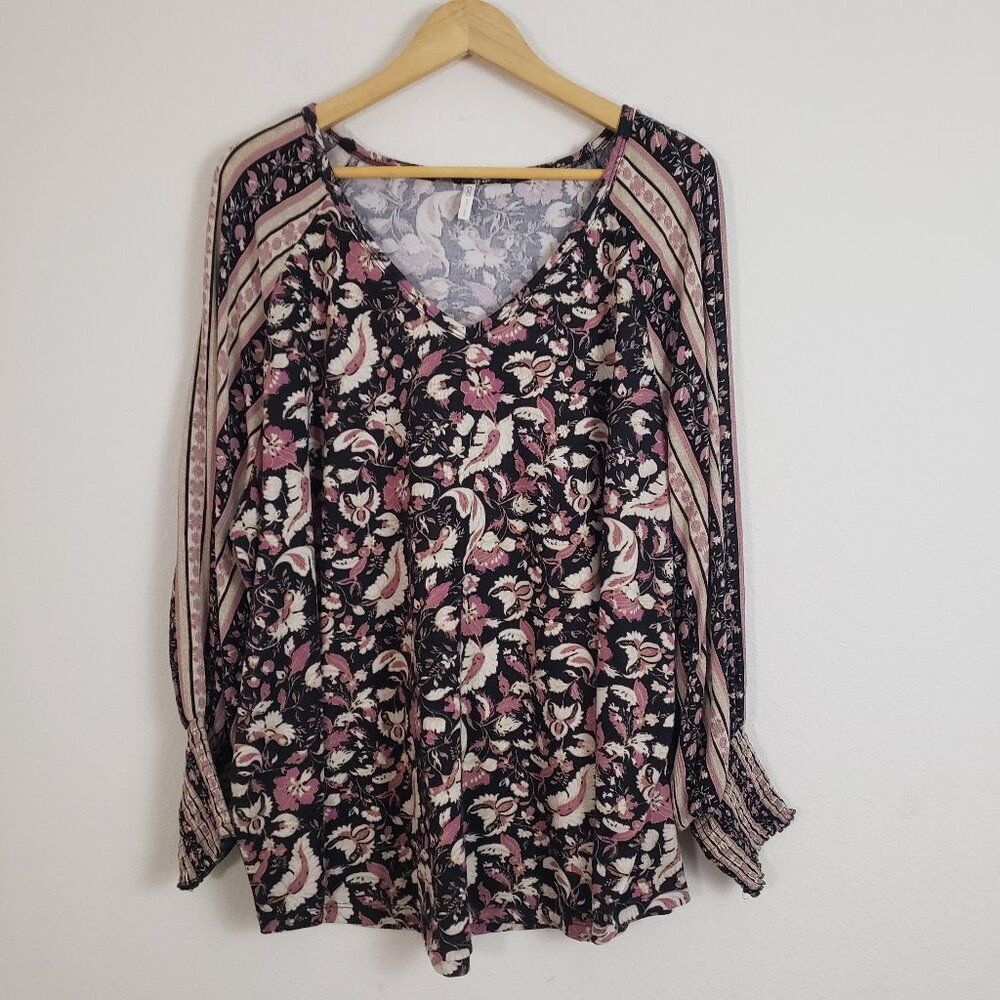 Cato Women's Top Paisley Floral 2X Pink Black Boho Flowy Knit Smocked Romantic
